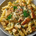 Creamy garlic parmesan chicken pasta served in a bowl with herbs