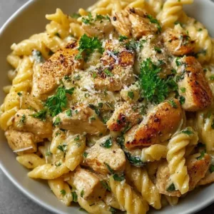 Creamy garlic parmesan chicken pasta served in a bowl with herbs