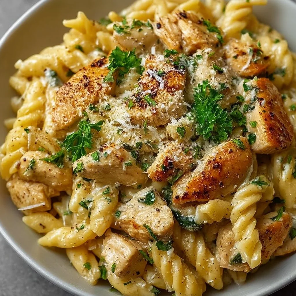 Creamy Garlic Parmesan Chicken Pasta Creamy garlic parmesan chicken pasta served in a bowl with herbs