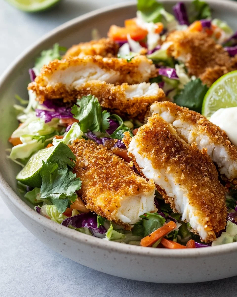 Delicious crispy fish taco bowls with fresh toppings and vibrant ingredients.