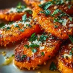 Plate of crispy smashed carrots garnished with herbs.