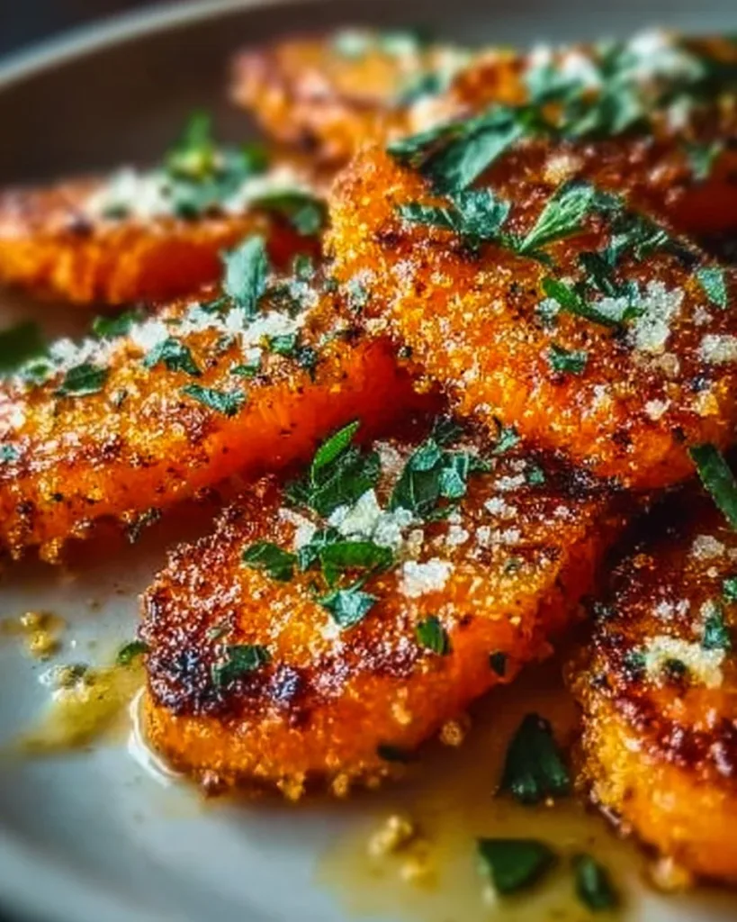 Crispy Smashed Carrots Plate of crispy smashed carrots garnished with herbs.