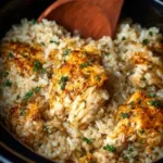 Crock Pot Chicken and Rice recipe served in a bowl with herbs