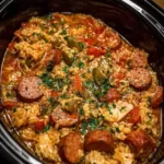 Bowl of Crock Pot Jambalaya with shrimp and sausage garnished with parsley