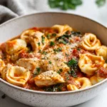 CrockPot Chicken Tortellini served in a bowl with fresh herbs