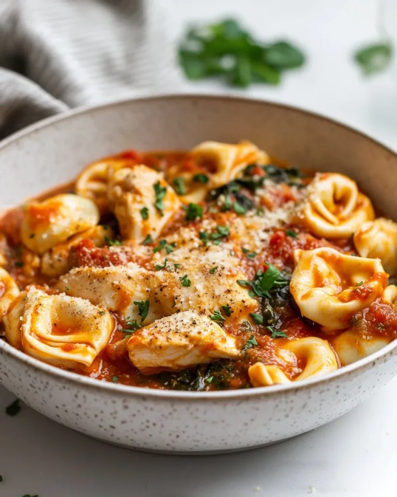 CrockPot Chicken Tortellini served in a bowl with fresh herbs