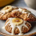 Crumbl banana bread cookies with a creamy cream cheese glaze on top