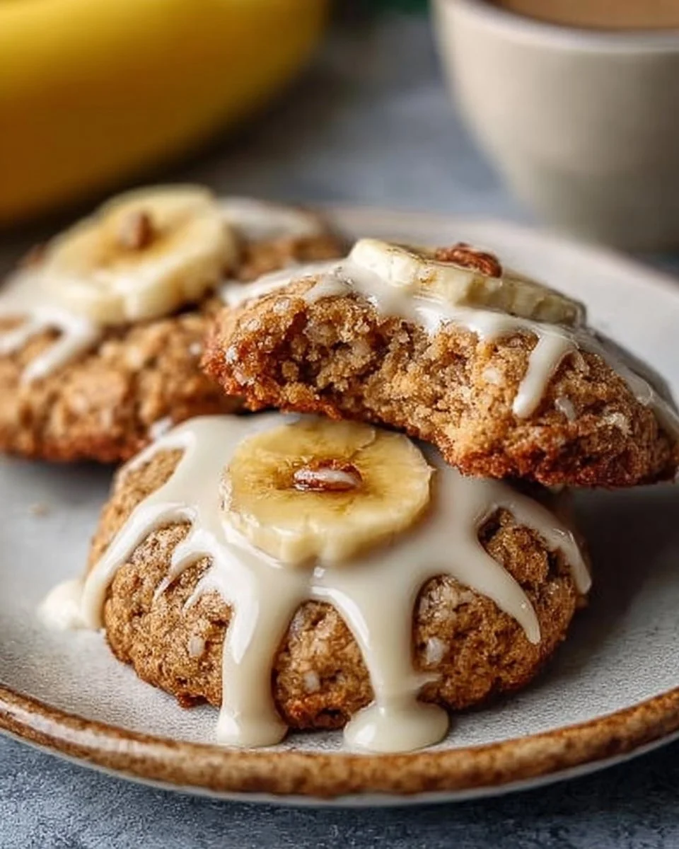 Crumbl banana bread cookies with a creamy cream cheese glaze on top