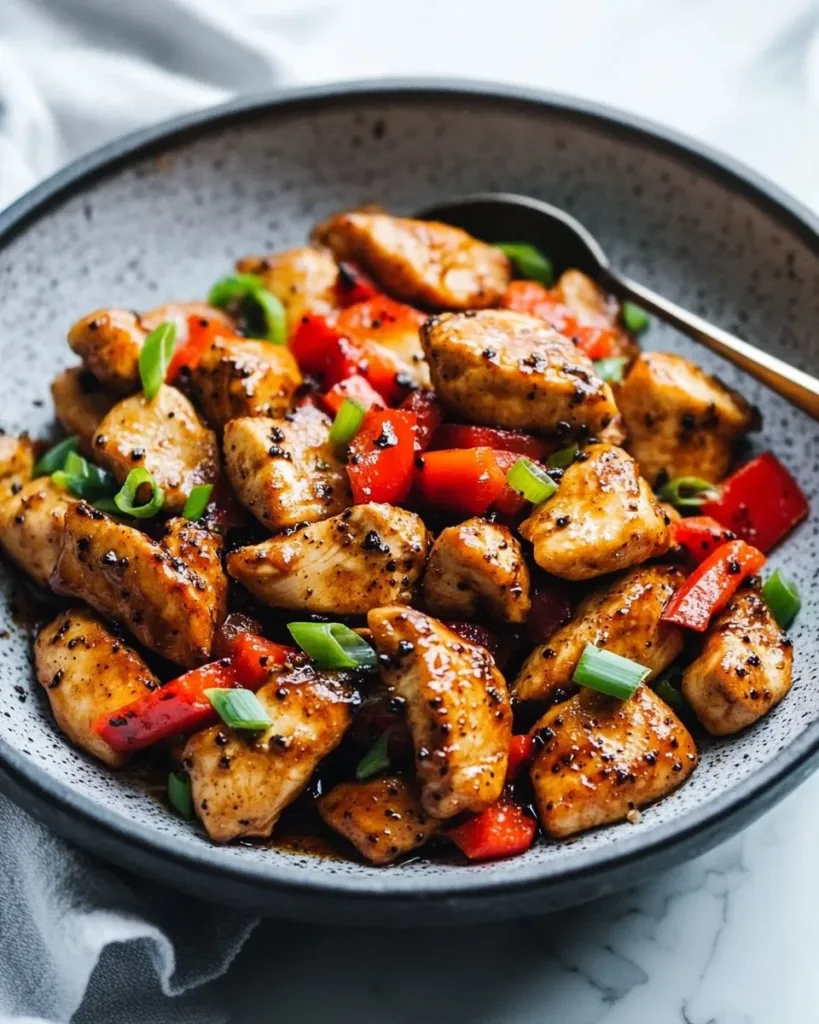 Plate of Easy Black Pepper Chicken garnished with vegetables