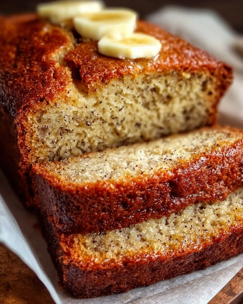 Slice of easy moist banana bread topped with walnuts