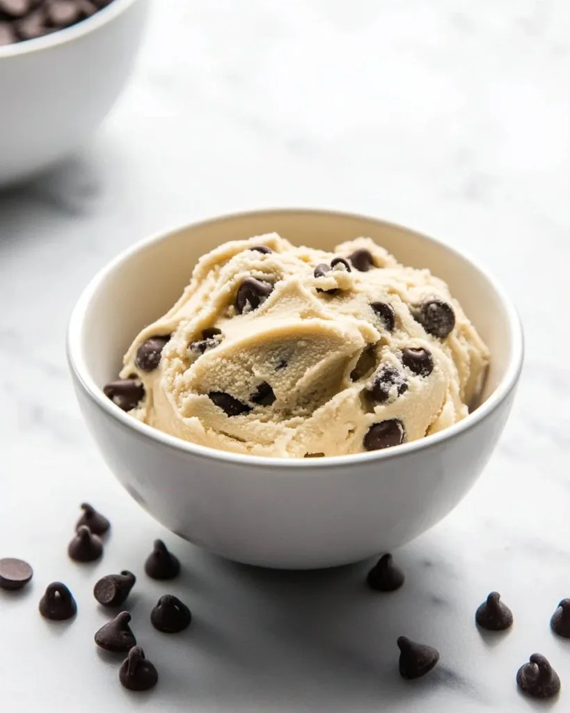 Edible Cookie Dough Bowl of delicious edible cookie dough with chocolate chips and a spoon
