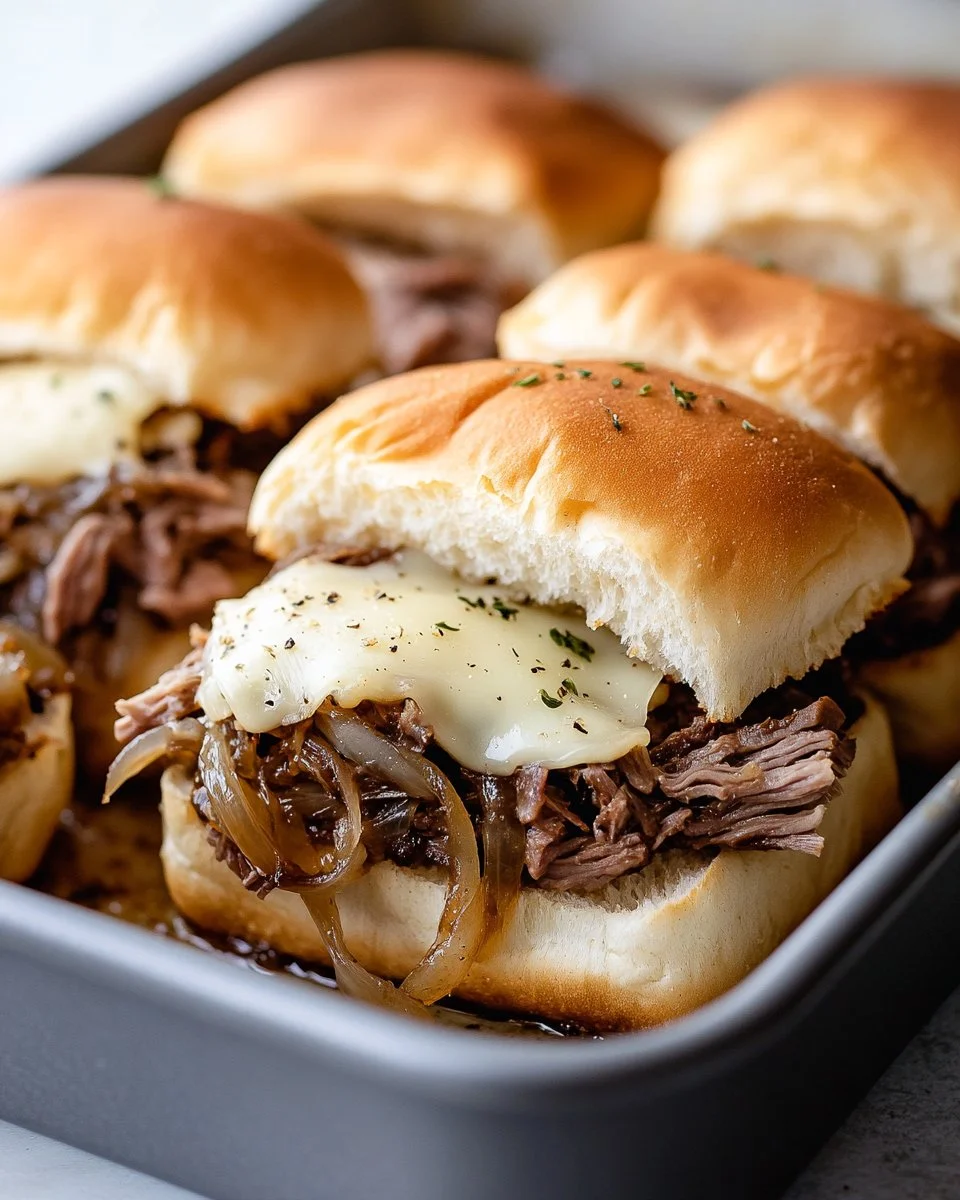 Delicious French Dip Sliders served with au jus for dipping