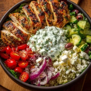 Delicious Greek Chicken Bowl with fresh vegetables and flavors