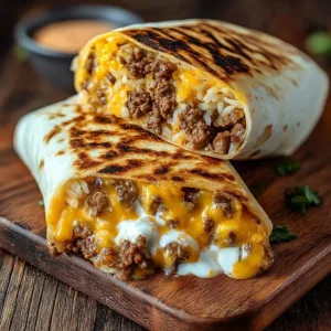 Grilled cheese burrito filled with melted cheese and savory ingredients