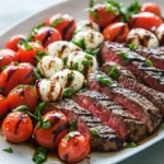 Grilled flank steak caprese with mozzarella, tomatoes, and balsamic dressing