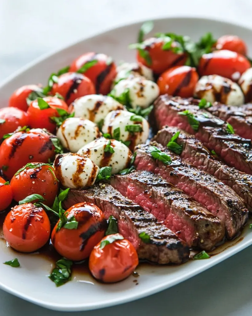 Grilled Flank Steak Caprese with Balsamic Dressing Grilled flank steak caprese with mozzarella, tomatoes, and balsamic dressing