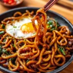 A delicious plate of grilled udon topped with vegetables and garnished with herbs