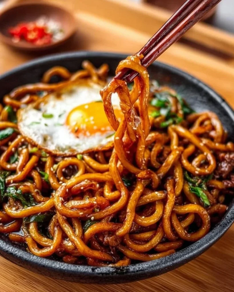 A delicious plate of grilled udon topped with vegetables and garnished with herbs