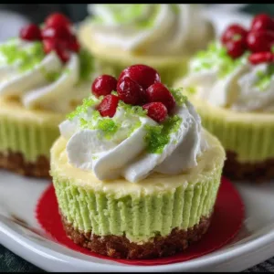 Festive Grinch mini cheesecakes decorated for Christmas
