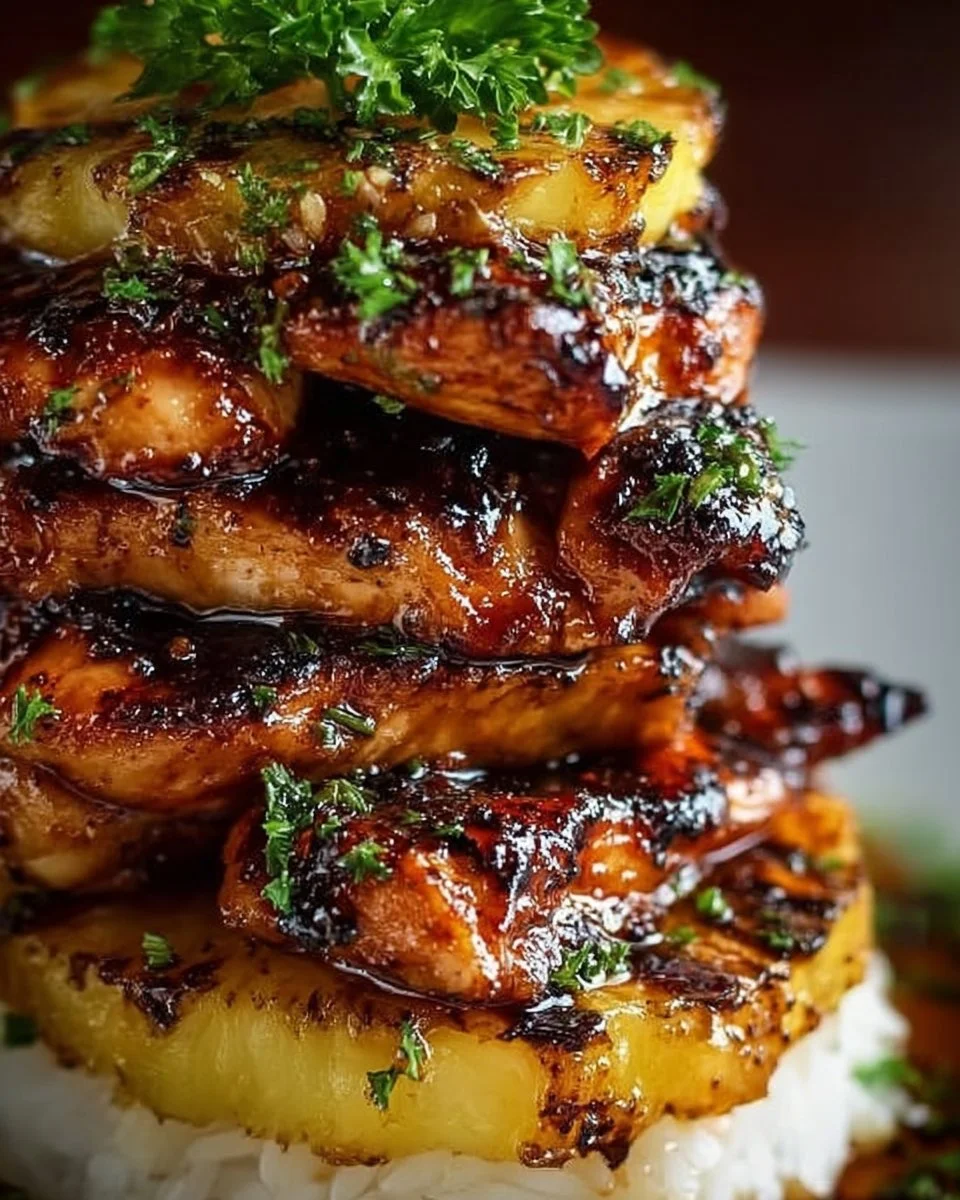 Hawaiian Turned Chicken Stack served with vibrant tropical toppings