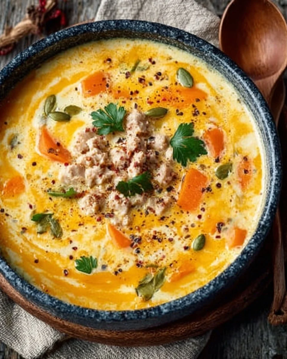 Bowl of healthy high protein soup garnished with herbs and spices