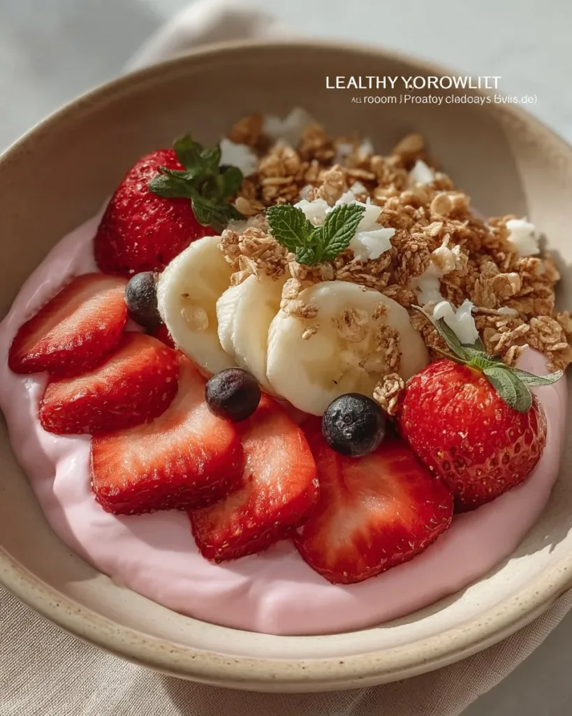 Healthy yogurt bowl topped with fresh fruits, nuts, and seeds.