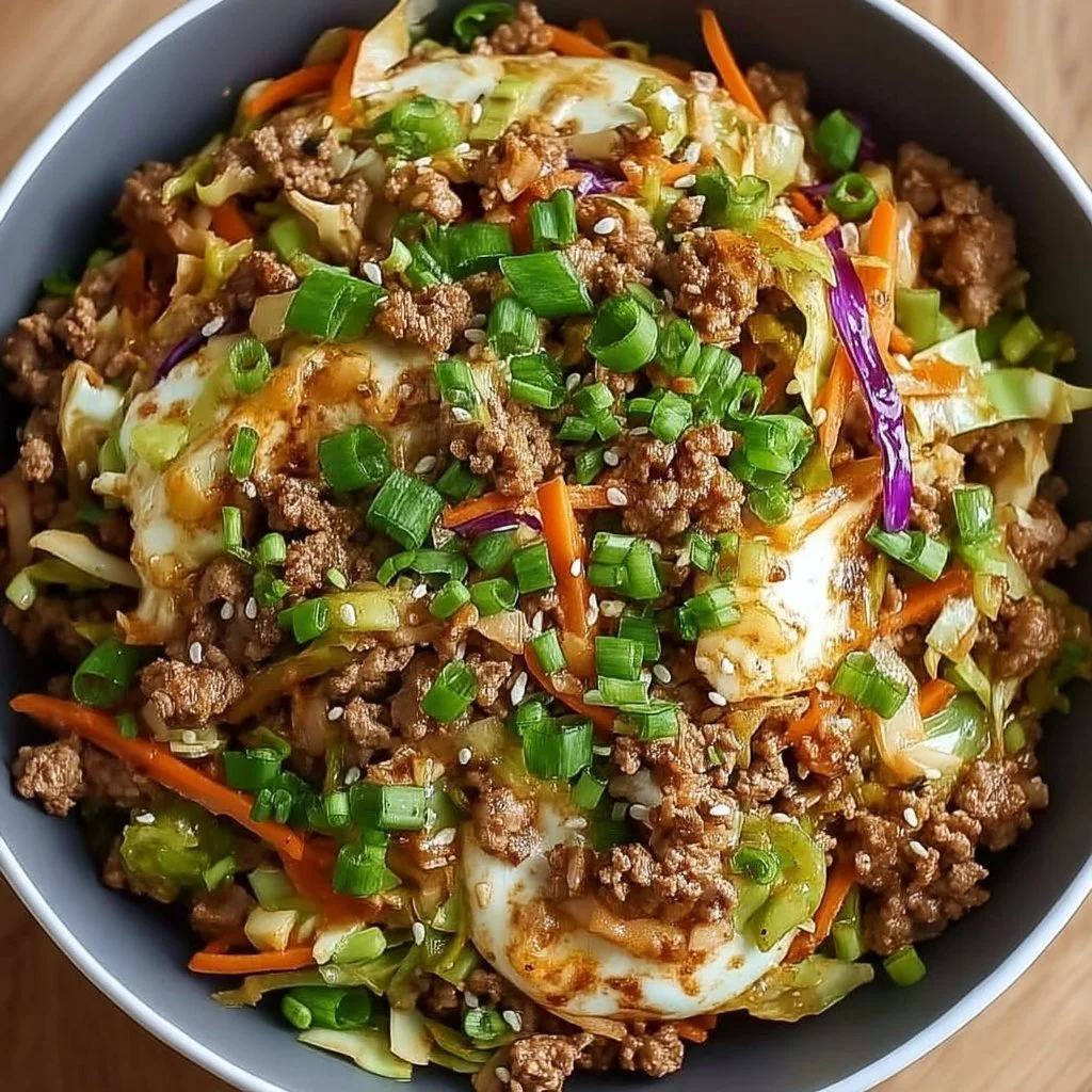High protein egg roll in a bowl with colorful vegetables and seasonings.