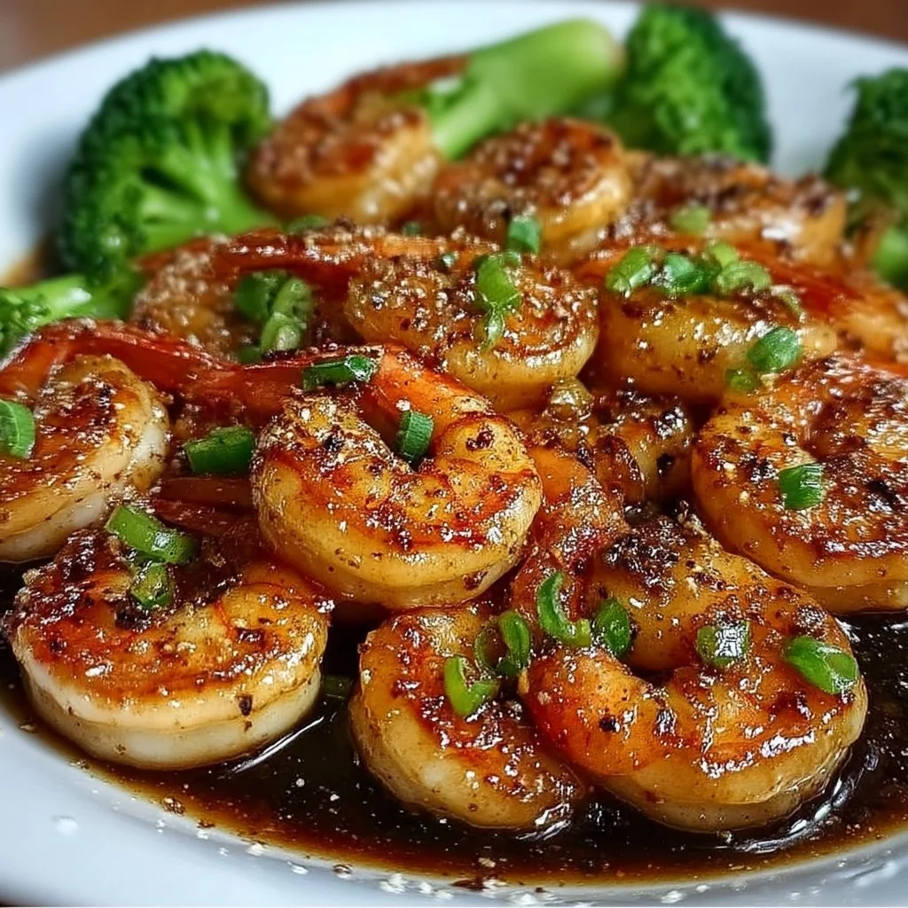High-Protein Honey Garlic Shrimp Plate of high-protein honey garlic shrimp garnished with fresh herbs