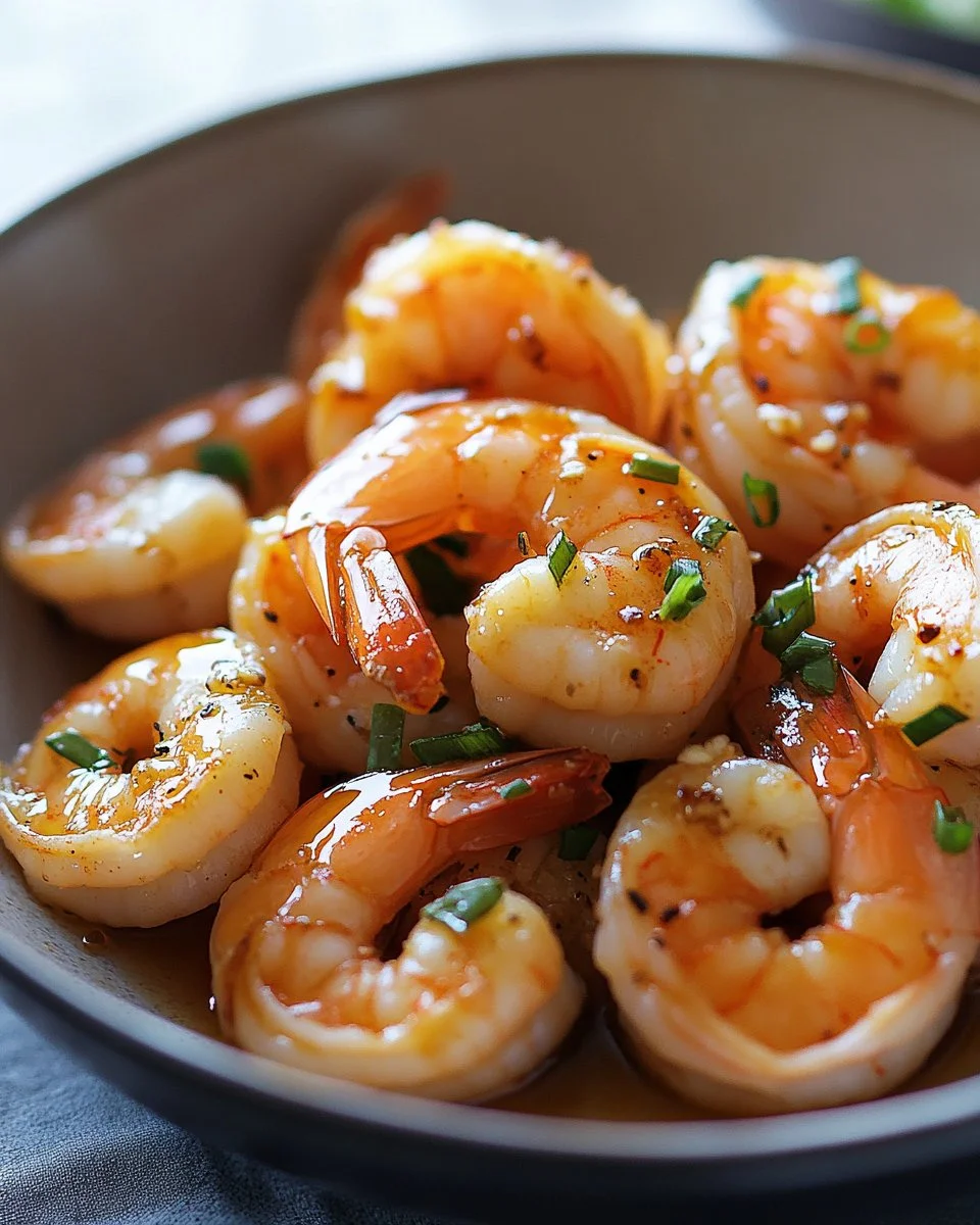 Plate of high-protein honey garlic shrimp garnished with green onions