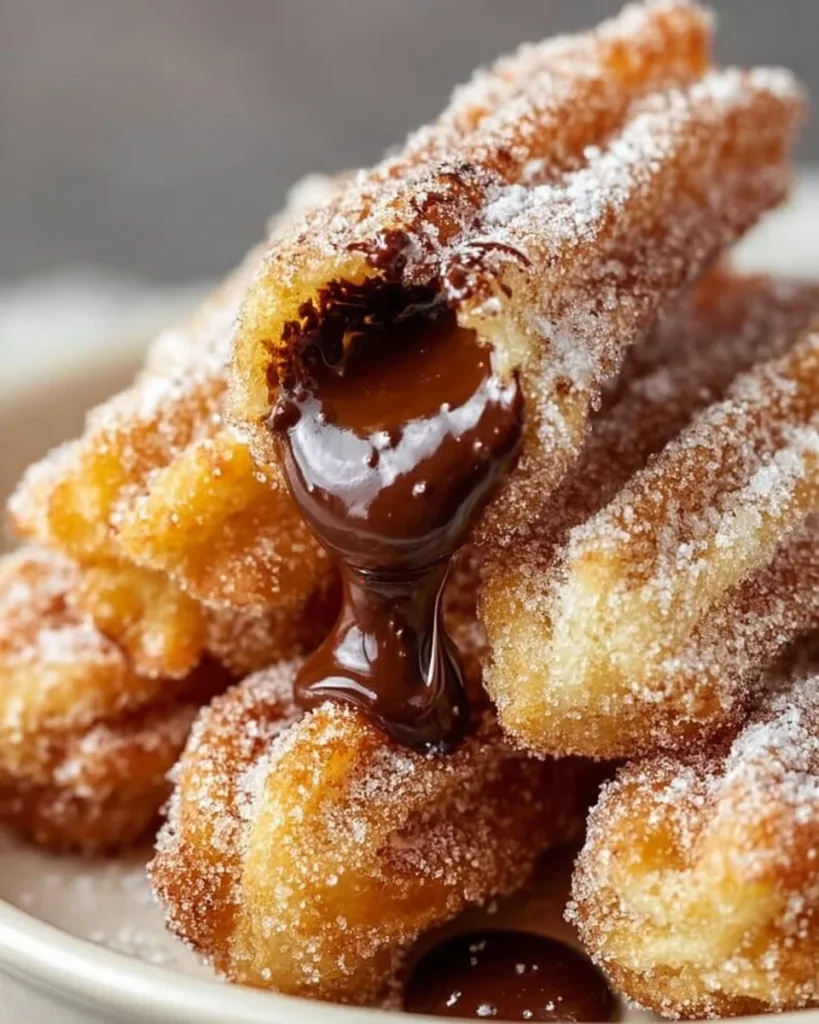 Homemade Churro Bites with Nutella Delicious homemade churro bites filled with Nutella on a plate.