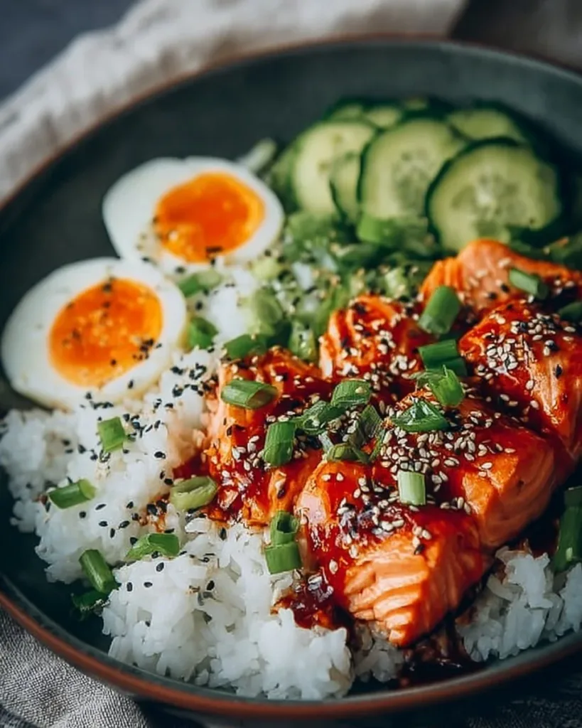Honey Sriracha Salmon Bowl with vegetables and rice garnished with sesame seeds