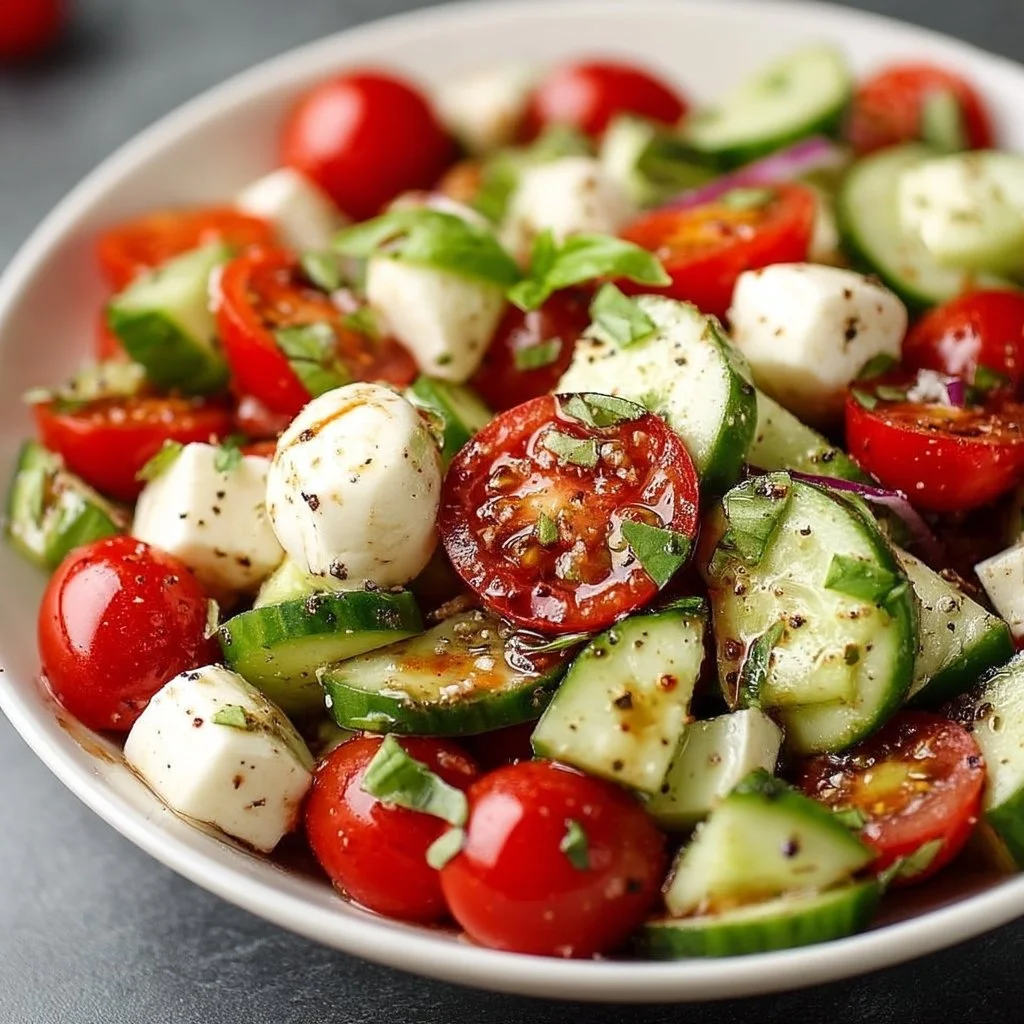 Juicy Cucumber Caprese Salad Juicy Cucumber Caprese Salad with fresh tomatoes and mozzarella cheese