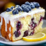 Lemon Blueberry Cake topped with blueberries and lemon slices