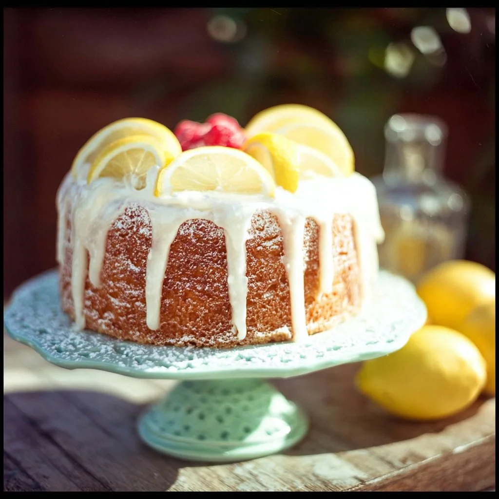 Lemon Cake Freshly baked lemon cake with icing on a rustic wooden table