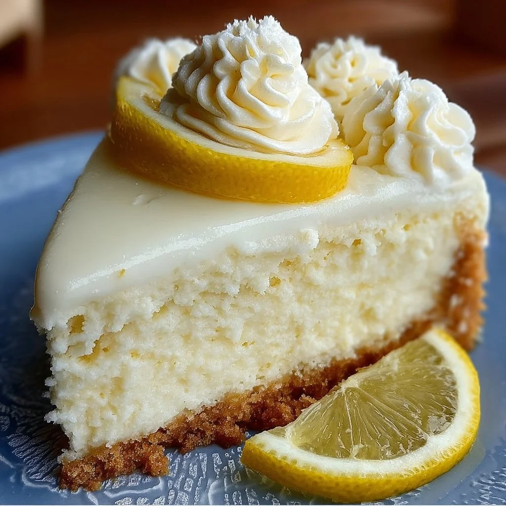 Lemon Cheesecake Delight Slice of lemon cheesecake delight topped with fresh lemon zest and berries