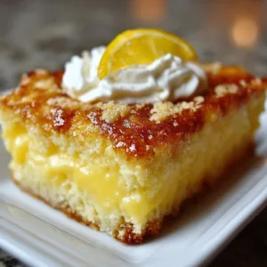 Lemon cream cheese dump cake topped with fresh lemon slices and whipped cream