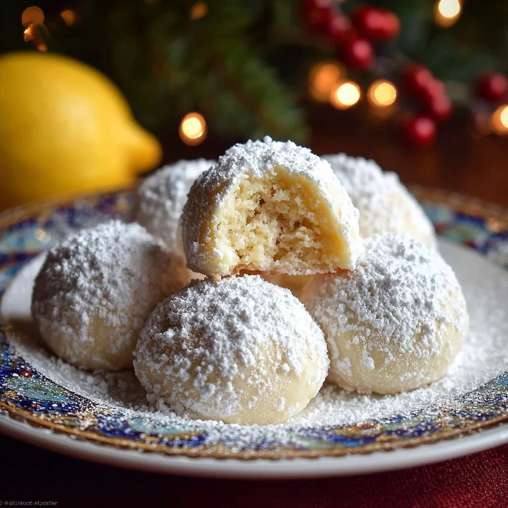 Lemon Cream Snowball Cookies Lemon Cream Snowball Cookies dusted with powdered sugar on a white plate