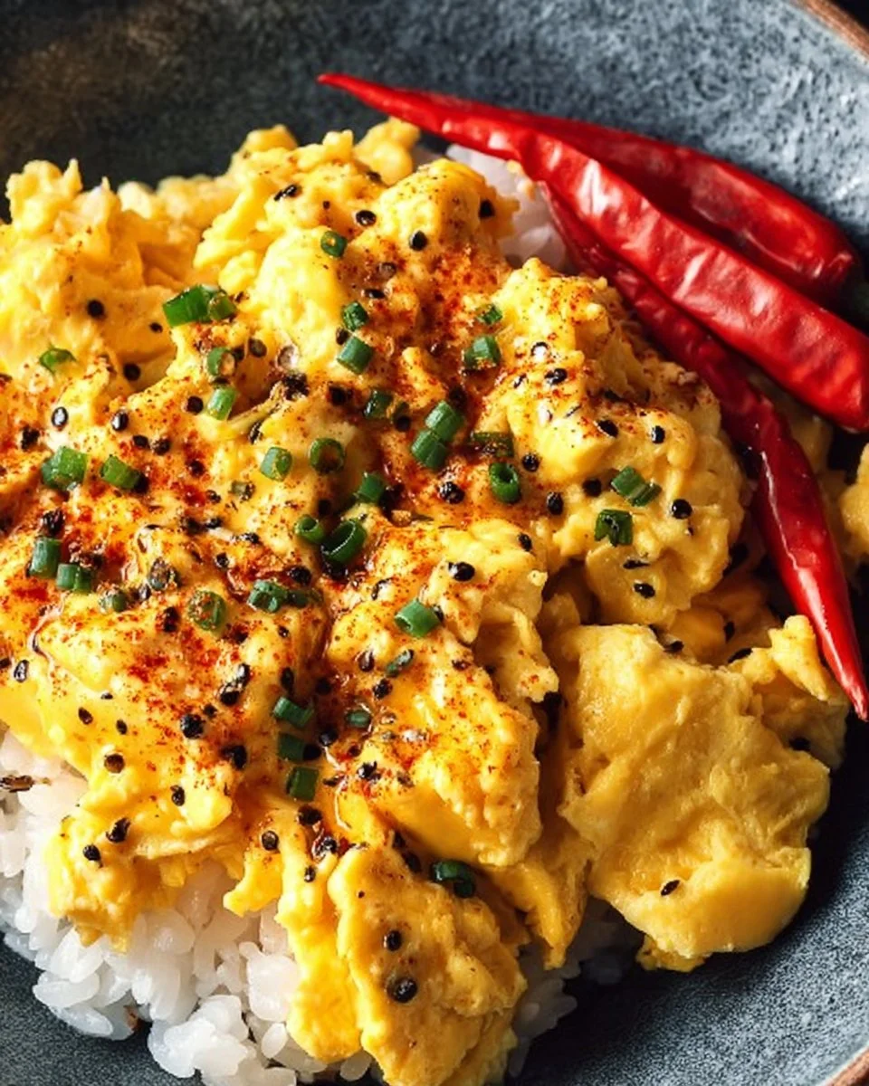 Plate of miso scrambled eggs garnished with green onions