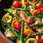 One-pan pesto chicken with tortellini and colorful vegetables