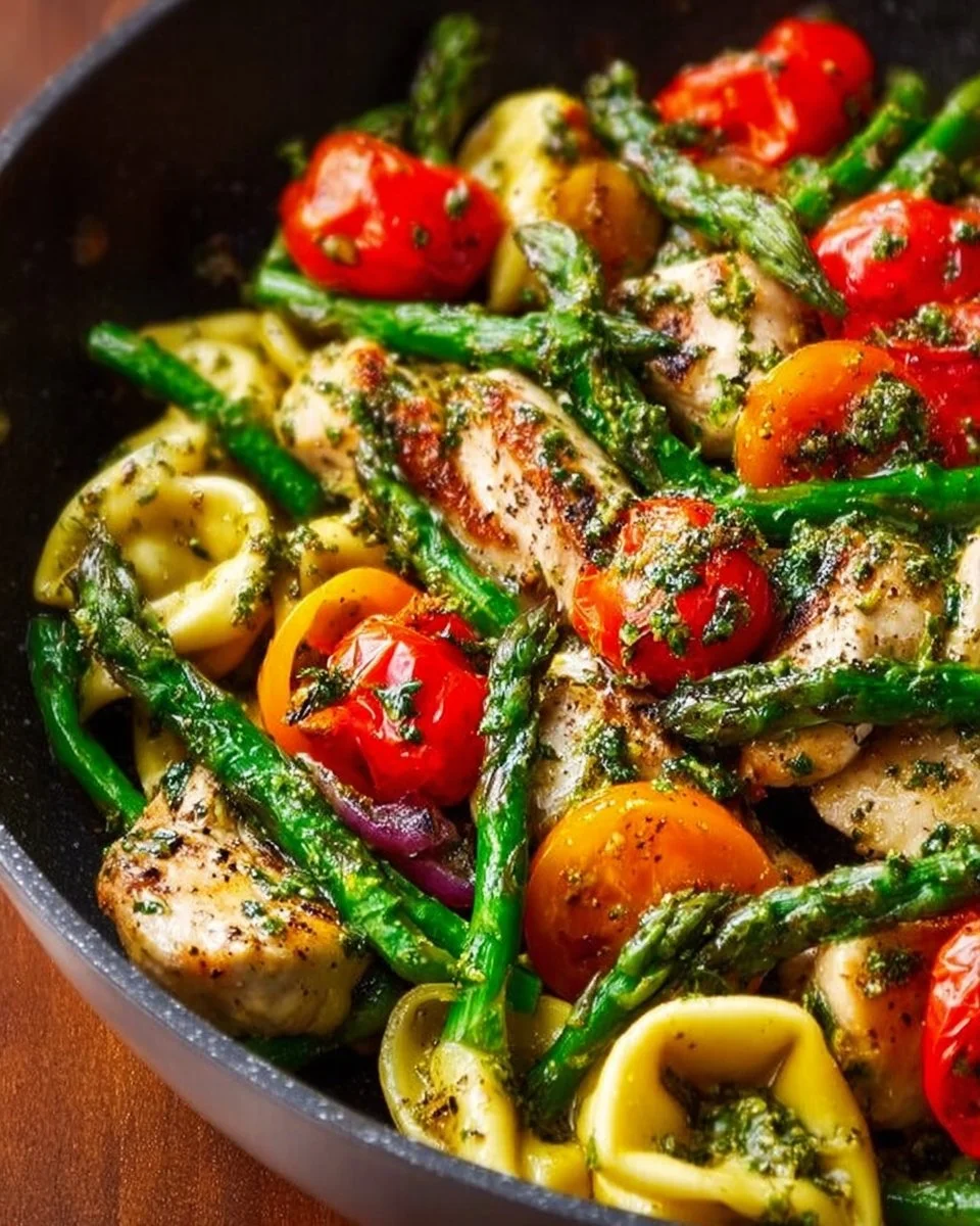 One-pan pesto chicken with tortellini and colorful vegetables