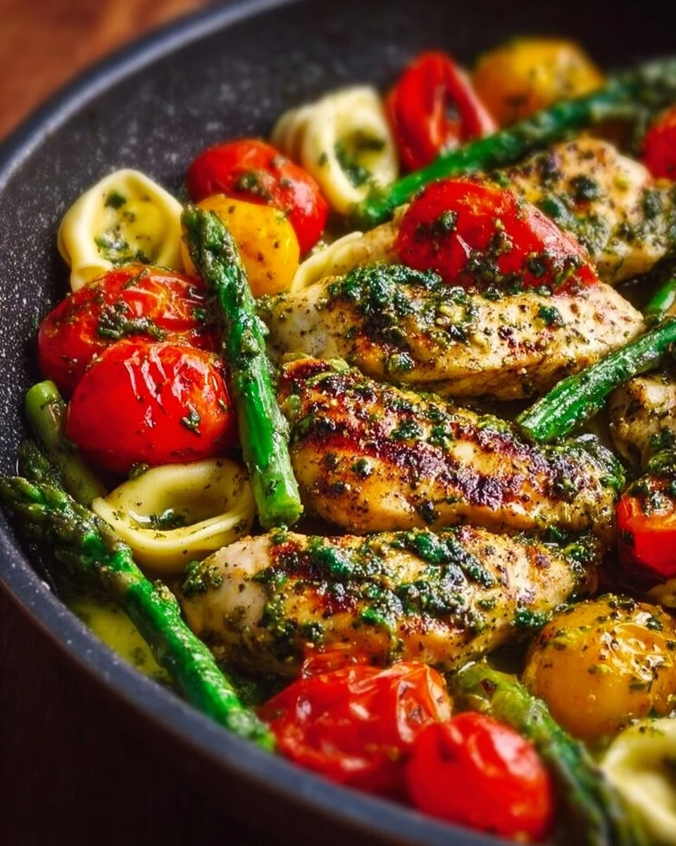 One-Pan Pesto Chicken, Tortellini, and Vegetables
