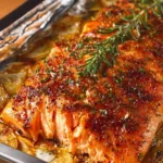Juicy oven baked salmon fillet garnished with herbs on a plate.