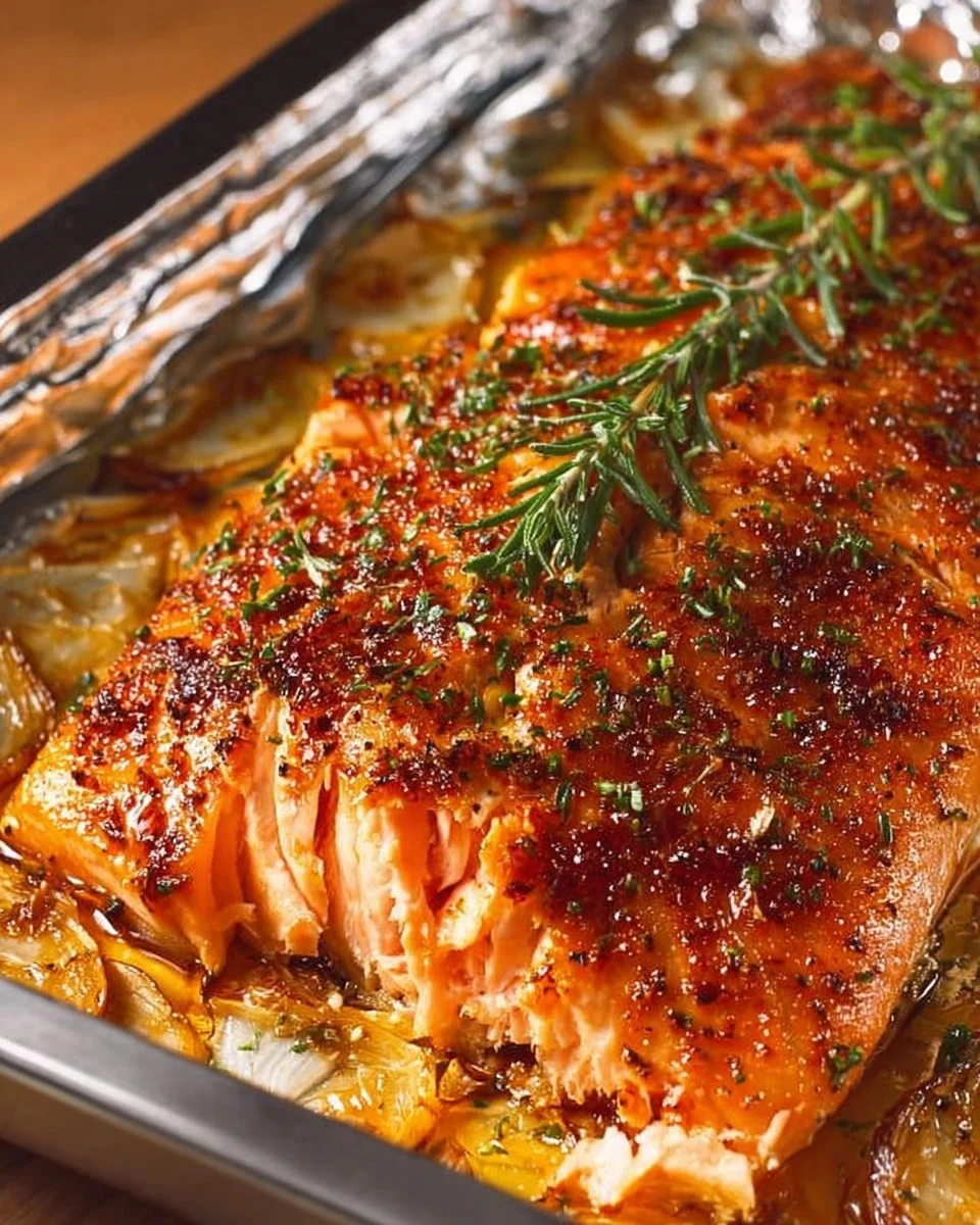 Juicy oven baked salmon fillet garnished with herbs on a plate.