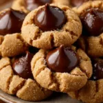 Freshly baked Peanut Butter Blossoms cookies with chocolate kisses on top