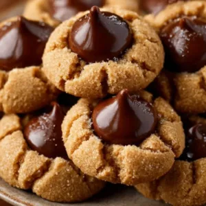 Freshly baked Peanut Butter Blossoms cookies with chocolate kisses on top