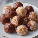 Peanut Butter Rice Krispies Balls stacked on a plate with chocolate drizzle