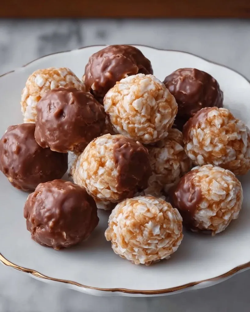 Peanut Butter Rice Krispies Balls Peanut Butter Rice Krispies Balls stacked on a plate with chocolate drizzle