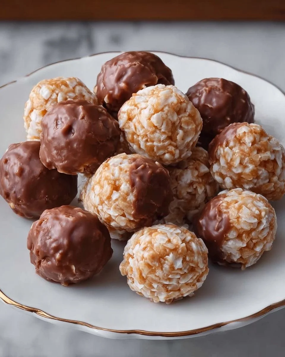 Peanut Butter Rice Krispies Balls stacked on a plate with chocolate drizzle