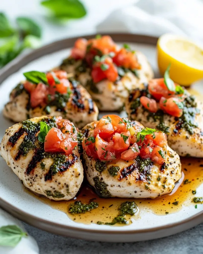 Plate of Pesto Bruschetta Chicken topped with fresh basil and tomatoes.