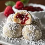 Plate of Raspberry Almond Snowball Cookies dusted with powdered sugar